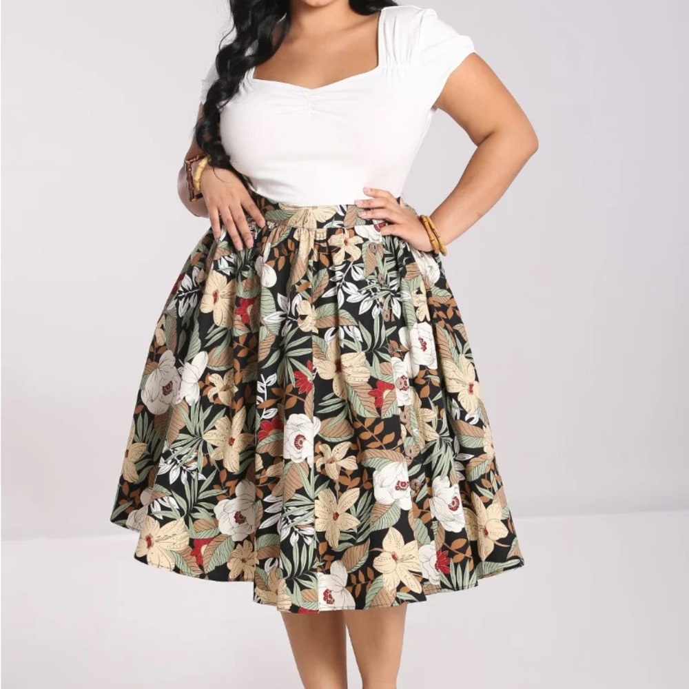 Hell Bunny Black Tropical Floral Midi Skirt